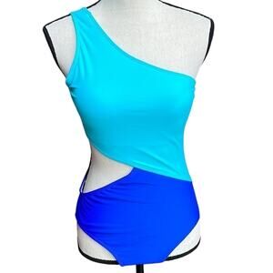 One Shoulder Cutout Monokini Swimsuit Blue Colorblock One Piece Small